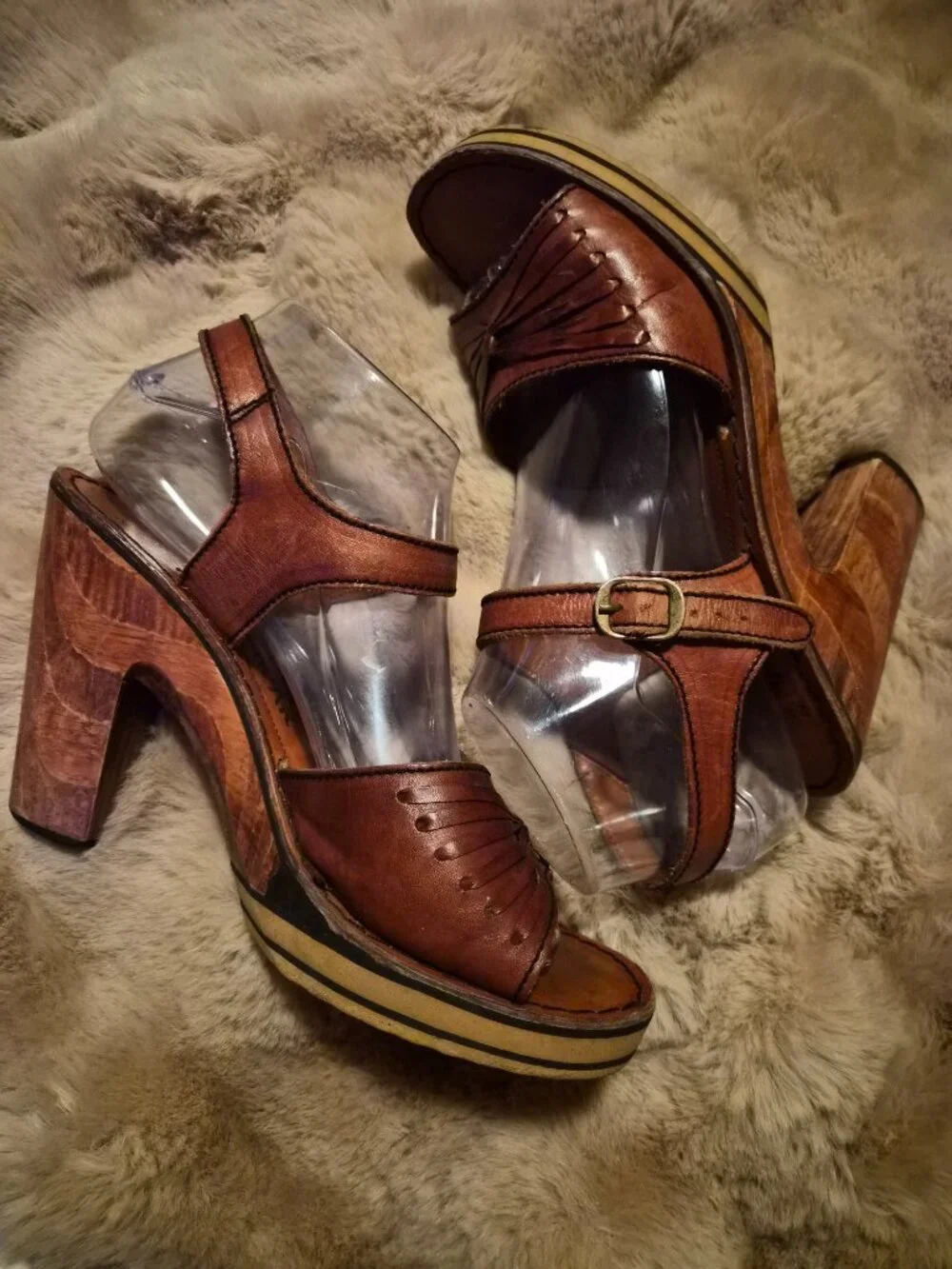 Vintage 1970 Thom McAn Wooden Platform Wedge Sandles